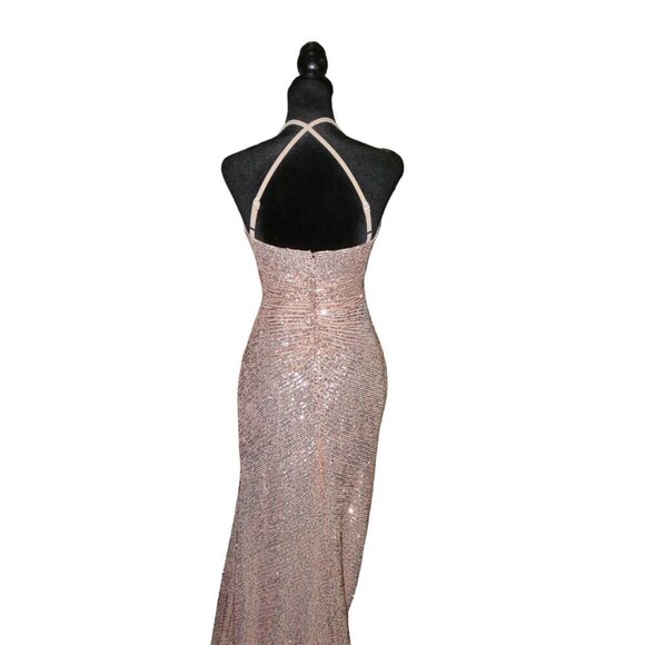 Morgan & Co Gorgeous Gold Sequined Cowl Neck Strappy Evening Gown Dress sz 1 - Picture 2 of 10